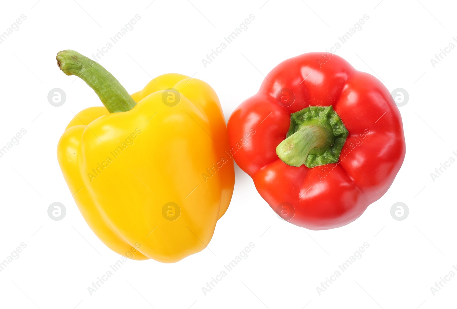 Photo of Ripe colorful bell peppers isolated on white, top view