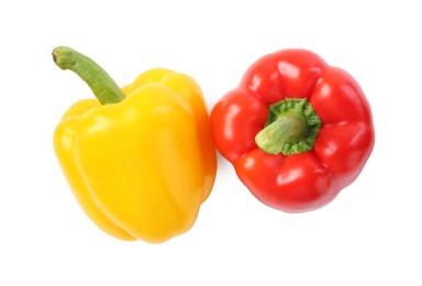Photo of Ripe colorful bell peppers isolated on white, top view