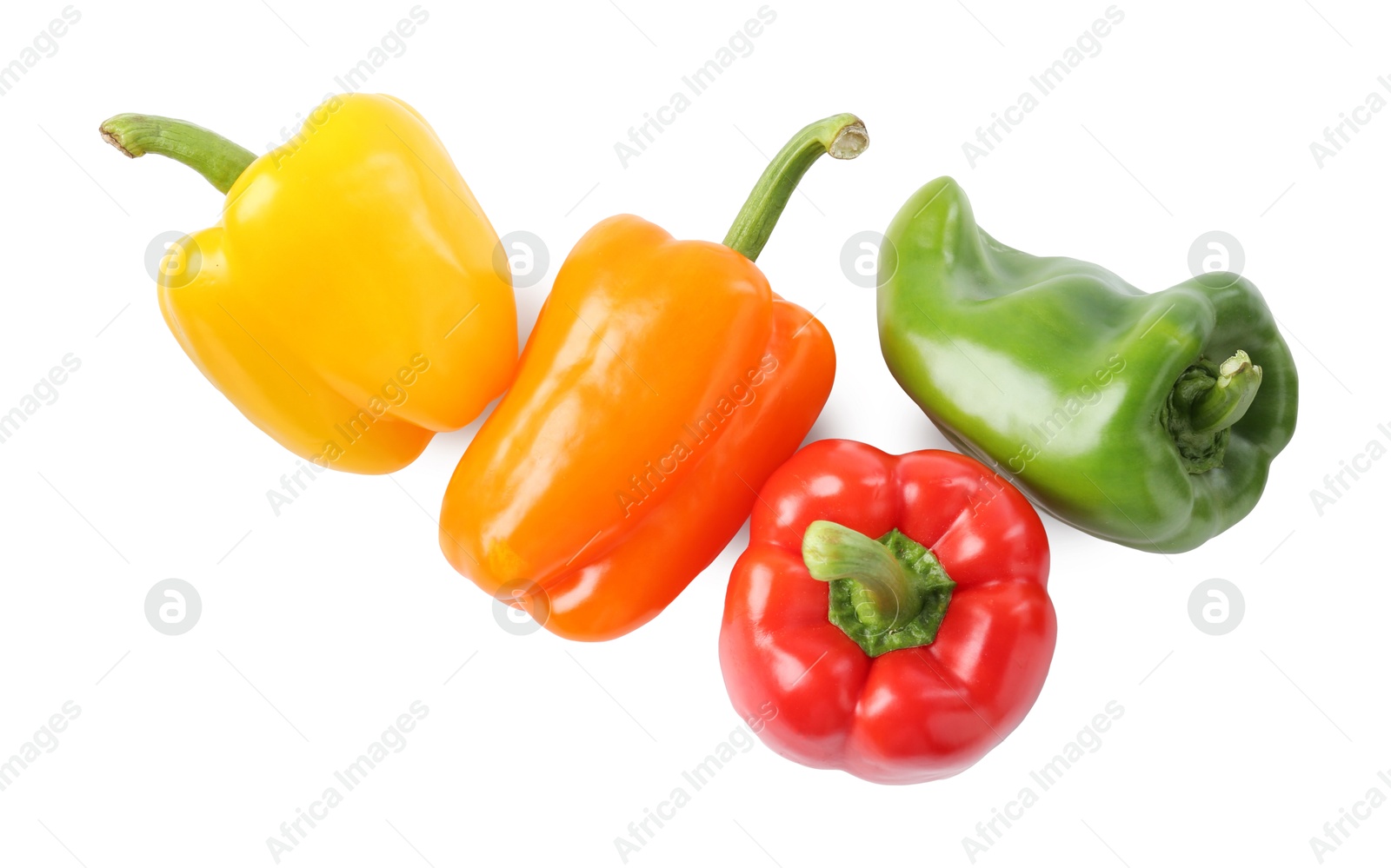 Photo of Ripe colorful bell peppers isolated on white, top view