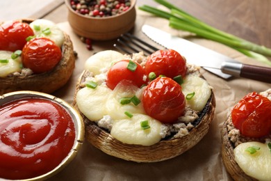 Photo of Tasty stuffed mushrooms served on wooden table, closeup