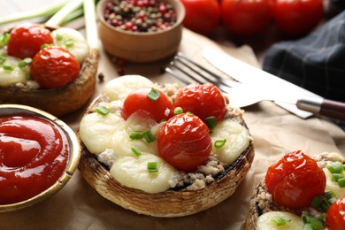Photo of Tasty stuffed mushrooms served on table, closeup