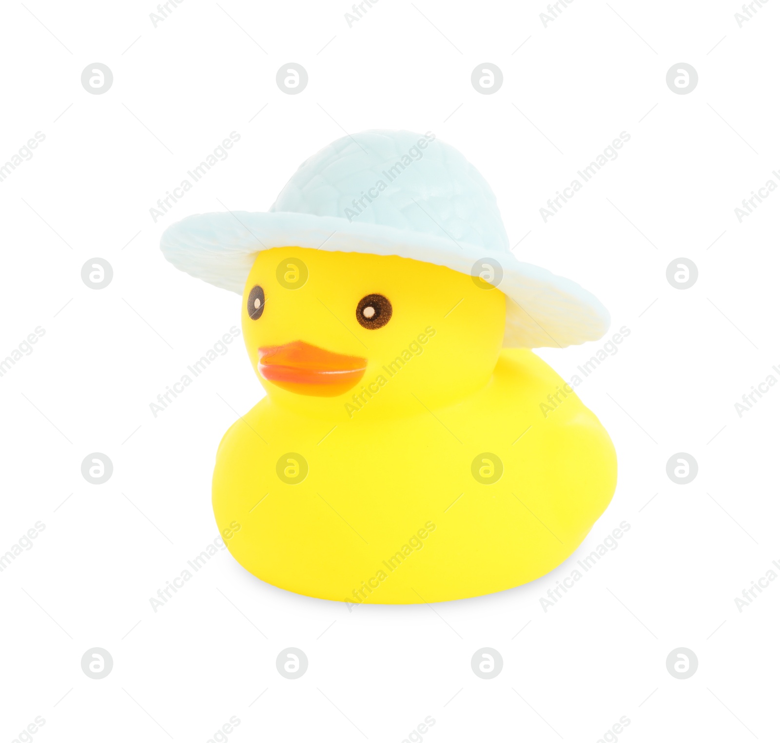 One cute rubber duck in hat isolated on white Photo of One cute rubber duck in hat isolated on white