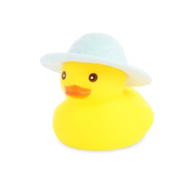 Photo of One cute rubber duck in hat isolated on white