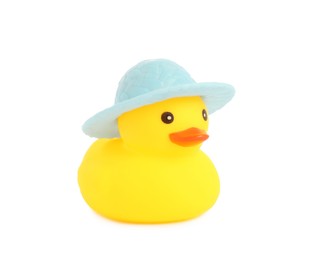 Photo of One cute rubber duck in hat isolated on white