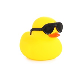 Photo of One cute rubber duck in sunglasses isolated on white