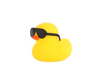 Photo of One cute rubber duck in sunglasses isolated on white