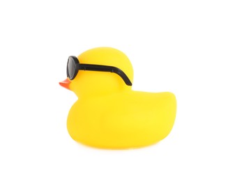 Photo of One cute rubber duck in sunglasses isolated on white