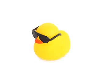 Photo of One cute rubber duck in sunglasses isolated on white