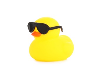 Photo of One cute rubber duck in sunglasses isolated on white