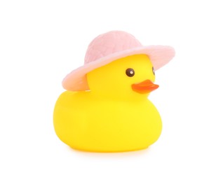 Photo of One cute rubber duck in hat isolated on white
