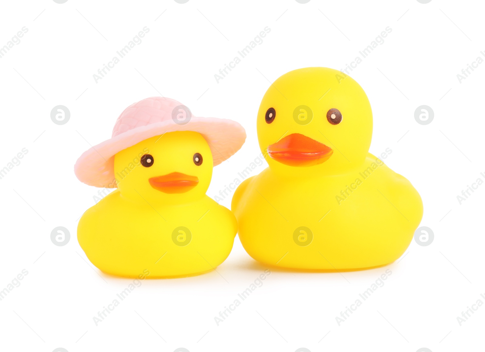 Cute rubber ducks isolated on white. Children's toy Photo of Cute rubber ducks isolated on white. Children's toy