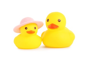 Photo of Cute rubber ducks isolated on white. Children's toy