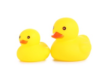 Photo of Cute rubber ducks isolated on white. Children's toy