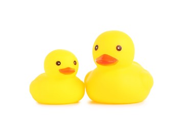 Photo of Cute rubber ducks isolated on white. Children's toy