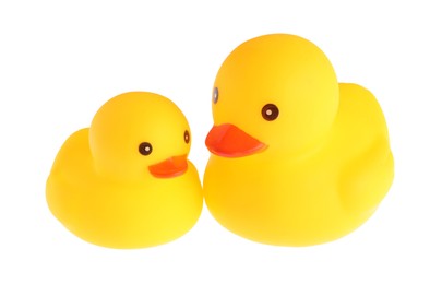Photo of Cute rubber ducks isolated on white. Children's toy