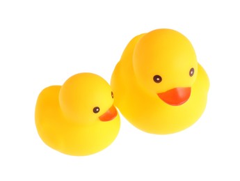 Photo of Cute rubber ducks isolated on white. Children's toy