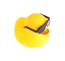 Photo of One cute rubber duck in sunglasses isolated on white