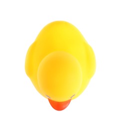 Photo of One cute rubber duck isolated on white, above view