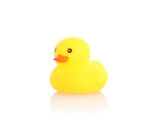 Photo of One cute rubber duck on mirror surface against white background