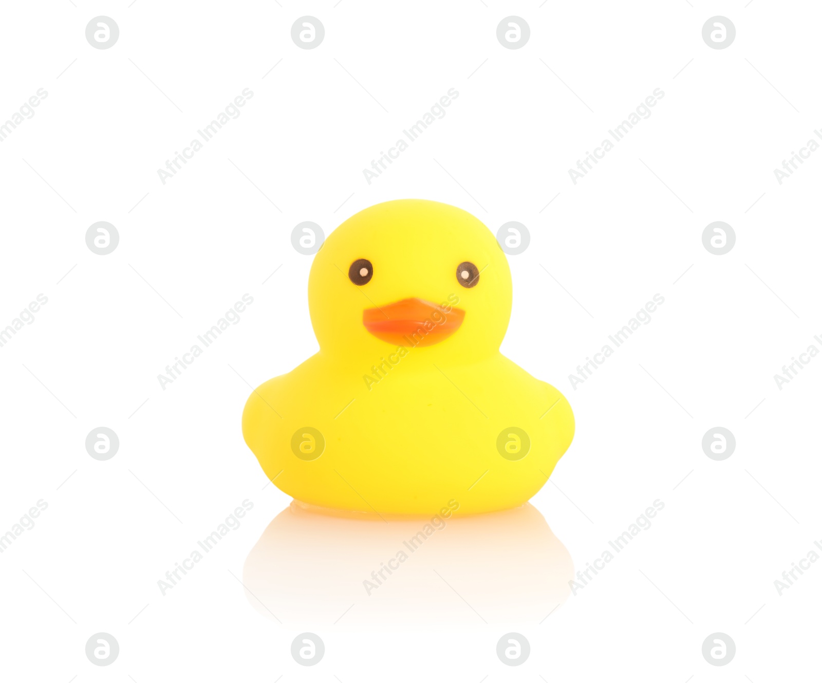 One cute rubber duck on mirror surface against white background Photo of One cute rubber duck on mirror surface against white background