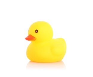 Photo of One cute rubber duck on mirror surface against white background