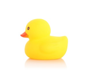 Photo of One cute rubber duck on mirror surface against white background