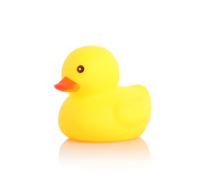 Photo of One cute rubber duck on mirror surface against white background