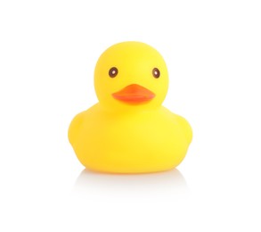 Photo of One cute rubber duck on mirror surface against white background