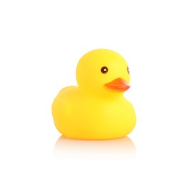 Photo of One cute rubber duck on mirror surface against white background