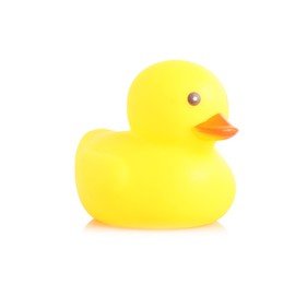 Photo of One cute rubber duck on mirror surface against white background