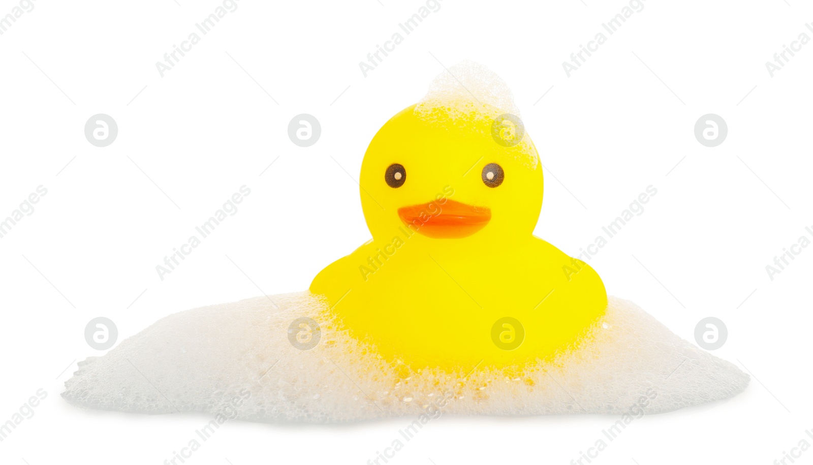 One cute rubber duck and foam isolated on white Photo of One cute rubber duck and foam isolated on white