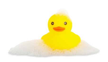 Photo of One cute rubber duck and foam isolated on white