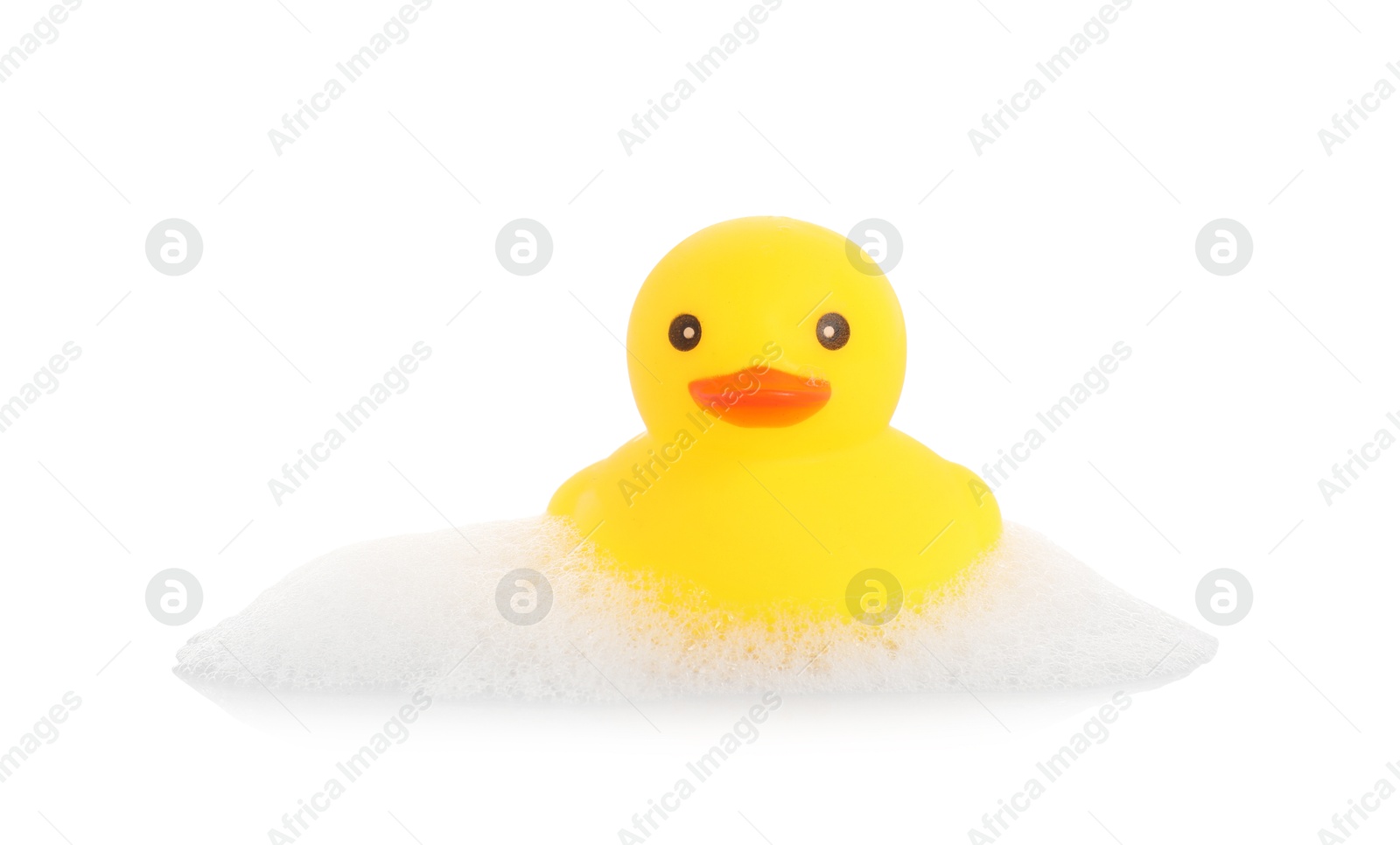 One cute rubber duck and foam isolated on white Photo of One cute rubber duck and foam isolated on white