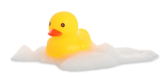 Photo of One cute rubber duck and foam isolated on white