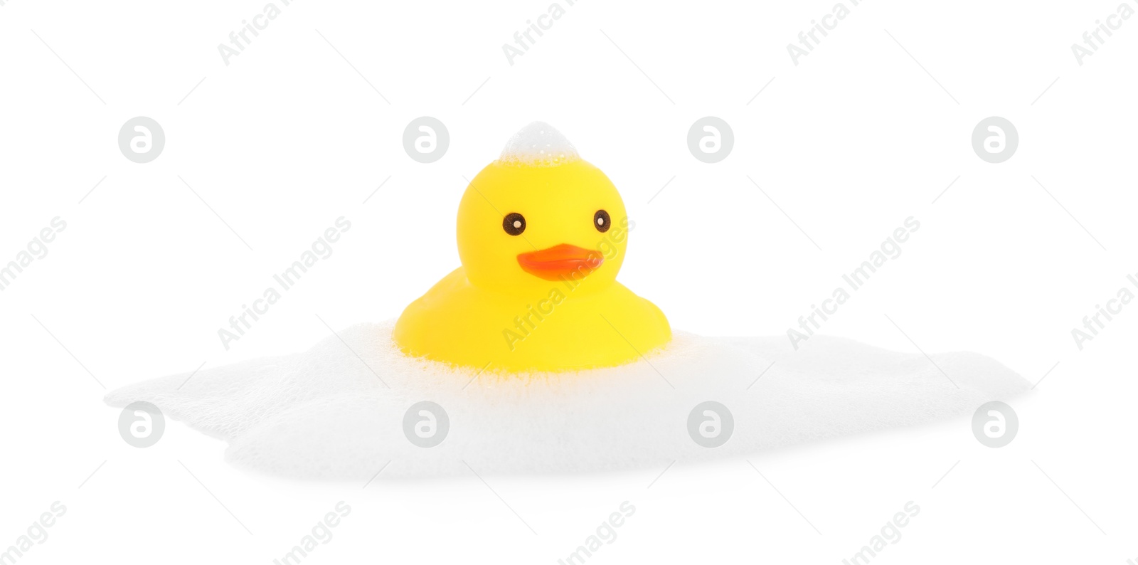 One cute rubber duck and foam isolated on white Photo of One cute rubber duck and foam isolated on white