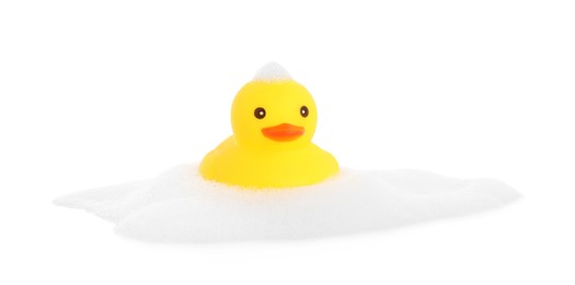 Photo of One cute rubber duck and foam isolated on white