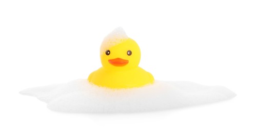 Photo of One cute rubber duck and foam isolated on white