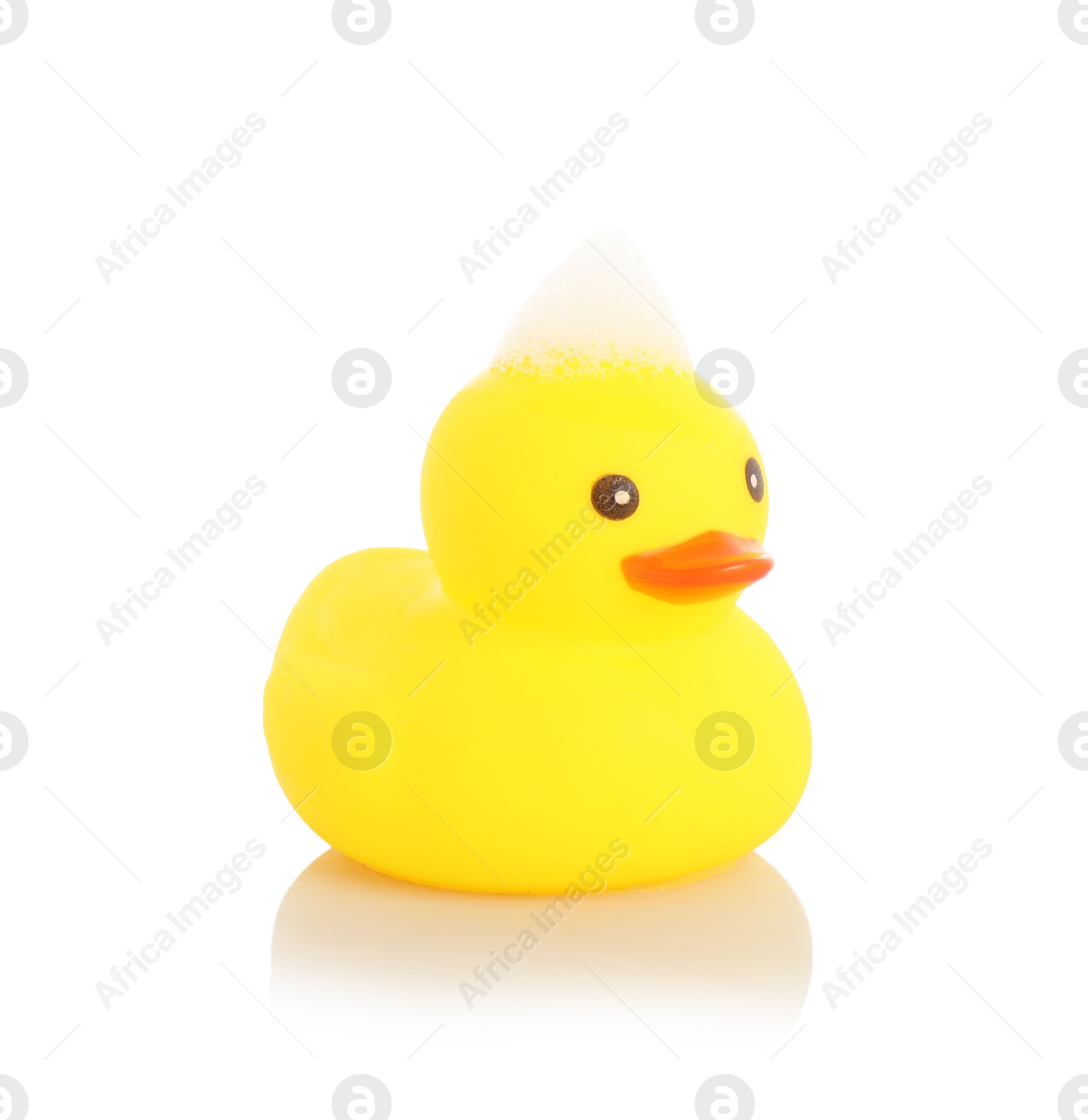 One cute rubber duck and foam on mirror surface against white background Photo of One cute rubber duck and foam on mirror surface against white background