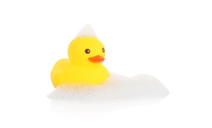 Photo of One cute rubber duck and foam on mirror surface against white background