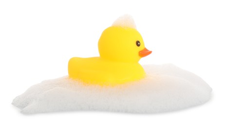 Photo of One cute rubber duck and foam isolated on white