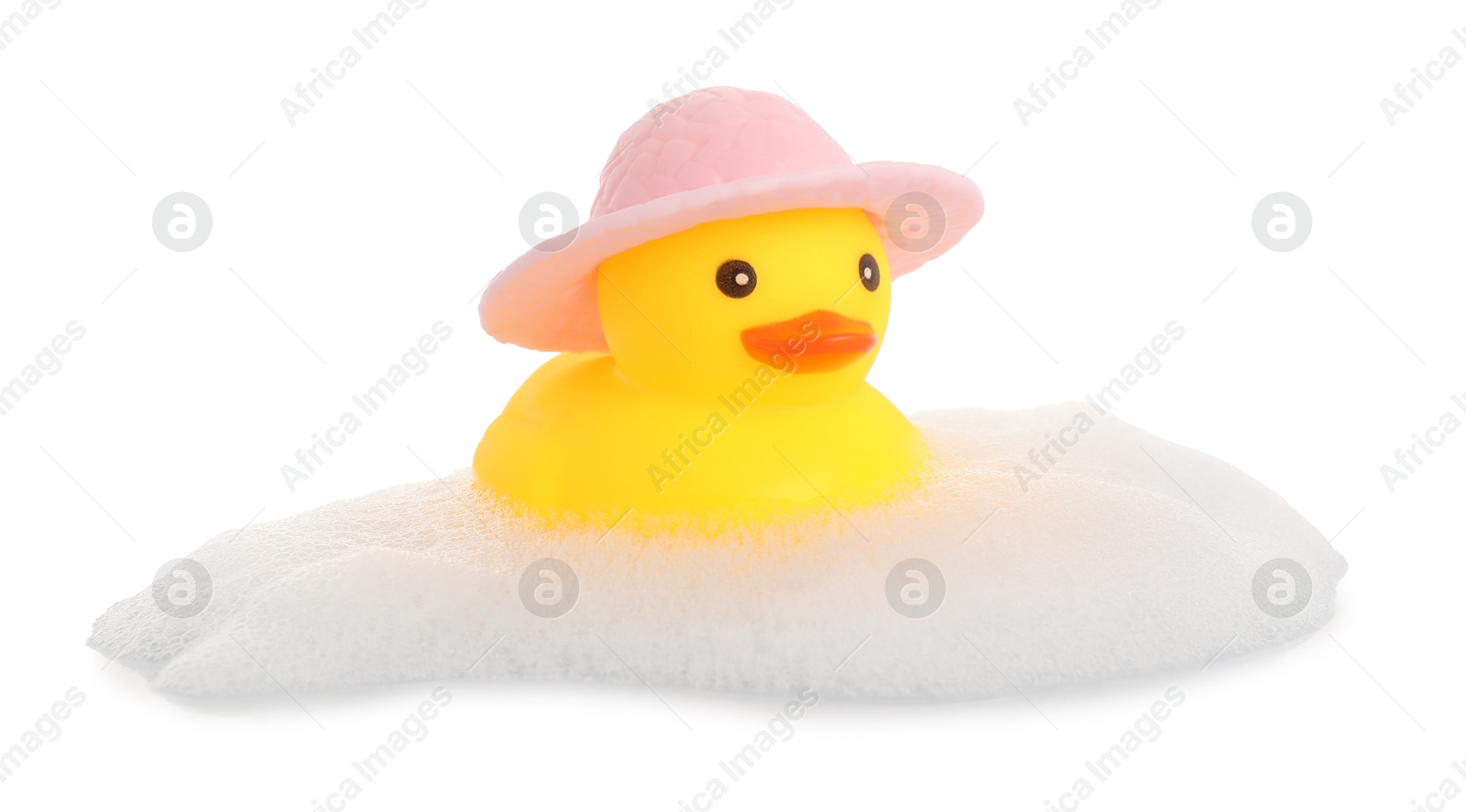 One cute rubber duck in hat and foam isolated on white Photo of One cute rubber duck in hat and foam isolated on white