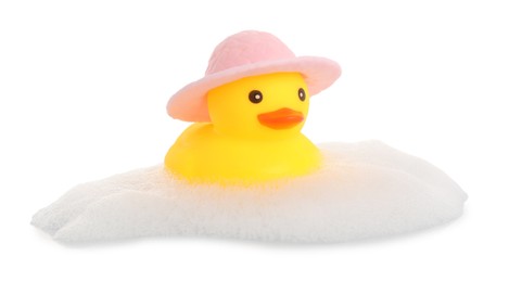 Photo of One cute rubber duck in hat and foam isolated on white