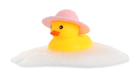 Photo of One cute rubber duck in hat and foam isolated on white
