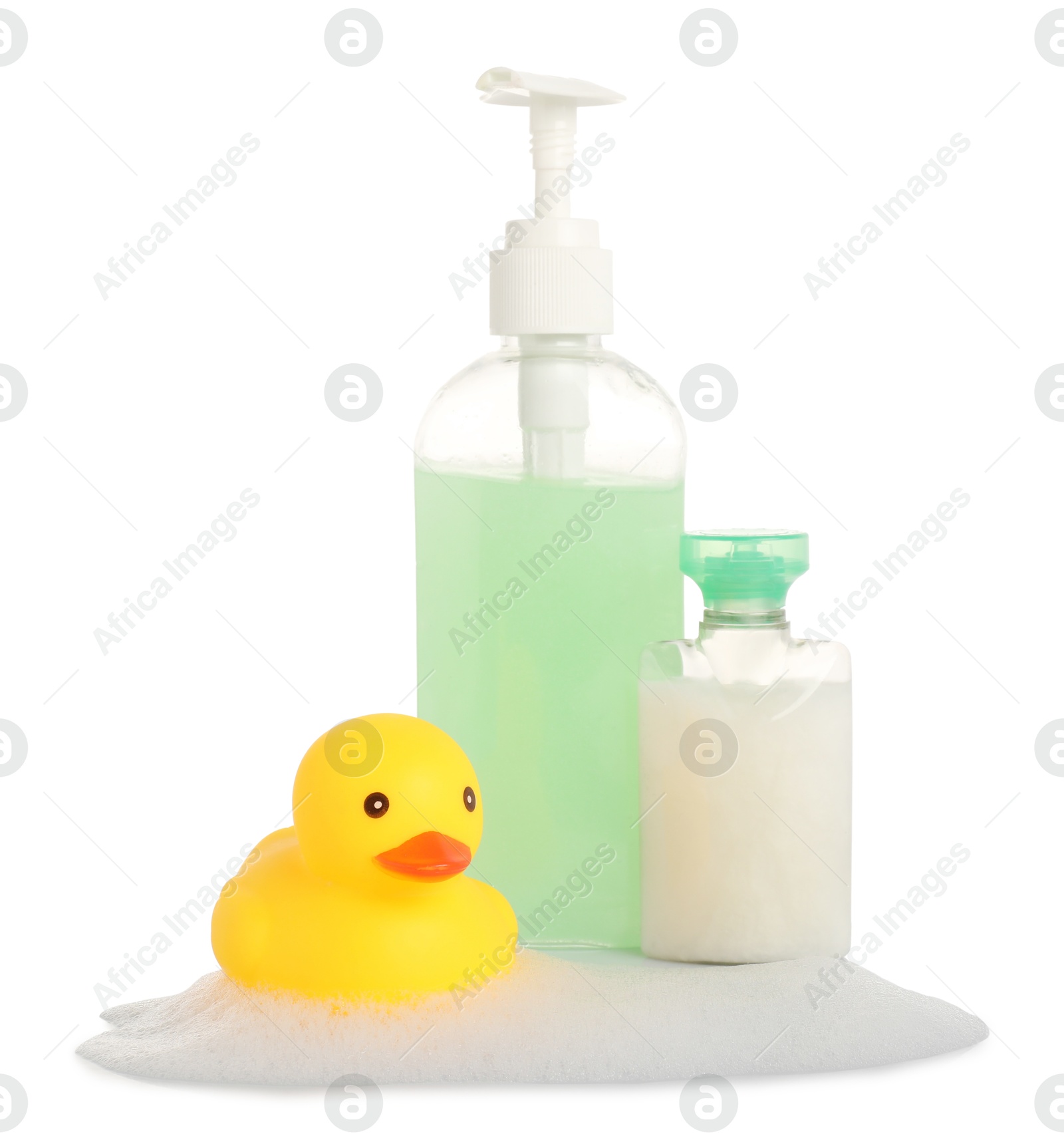 Cute rubber duck, soap bar, bottle and foam isolated on white Photo of Cute rubber duck, soap bar, bottle and foam isolated on white