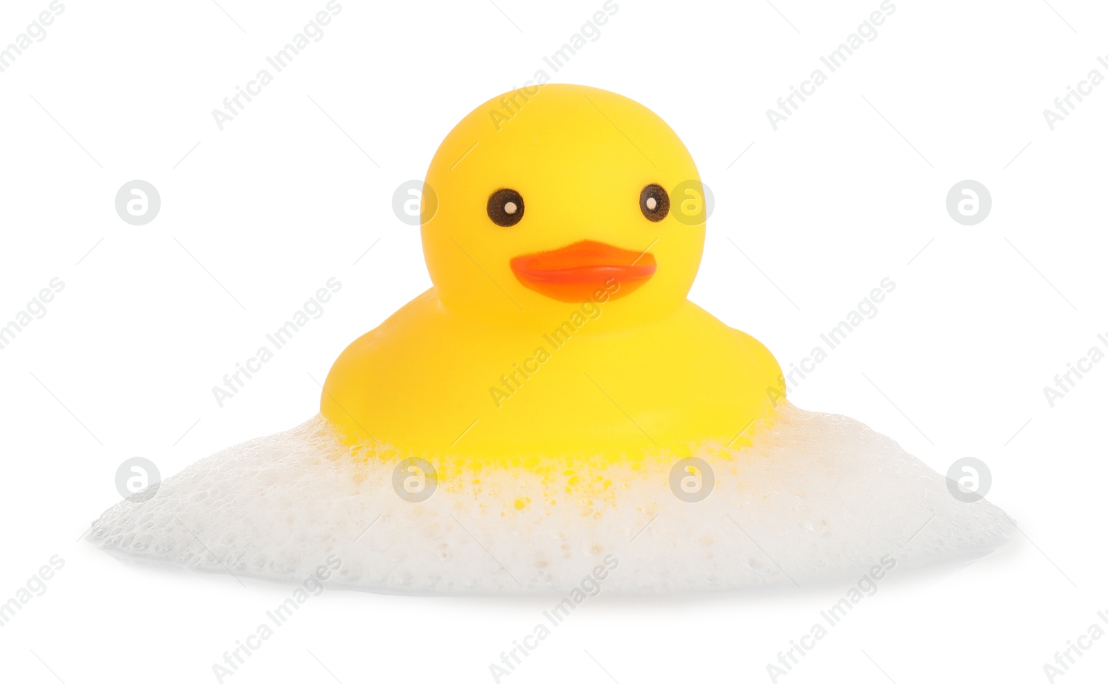 One cute rubber duck and foam isolated on white Photo of One cute rubber duck and foam isolated on white