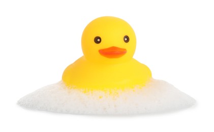 Photo of One cute rubber duck and foam isolated on white