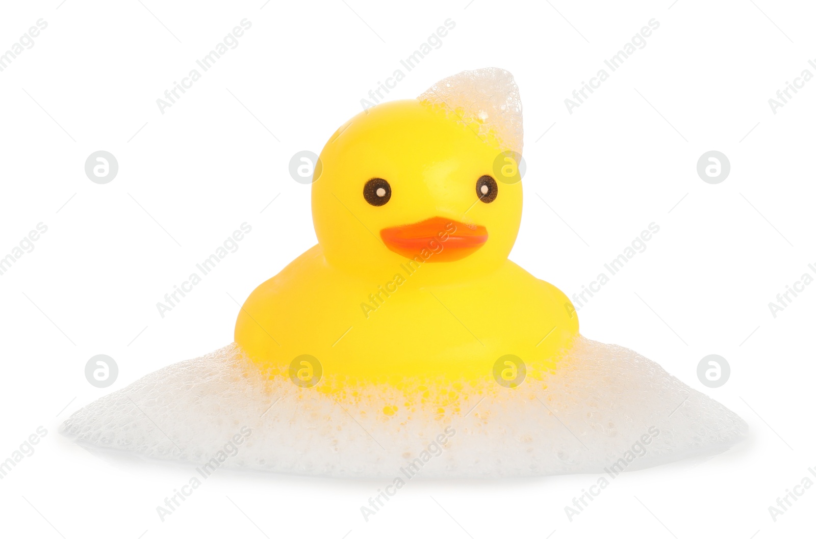 One cute rubber duck and foam isolated on white Photo of One cute rubber duck and foam isolated on white