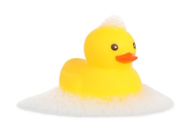 Photo of One cute rubber duck and foam isolated on white