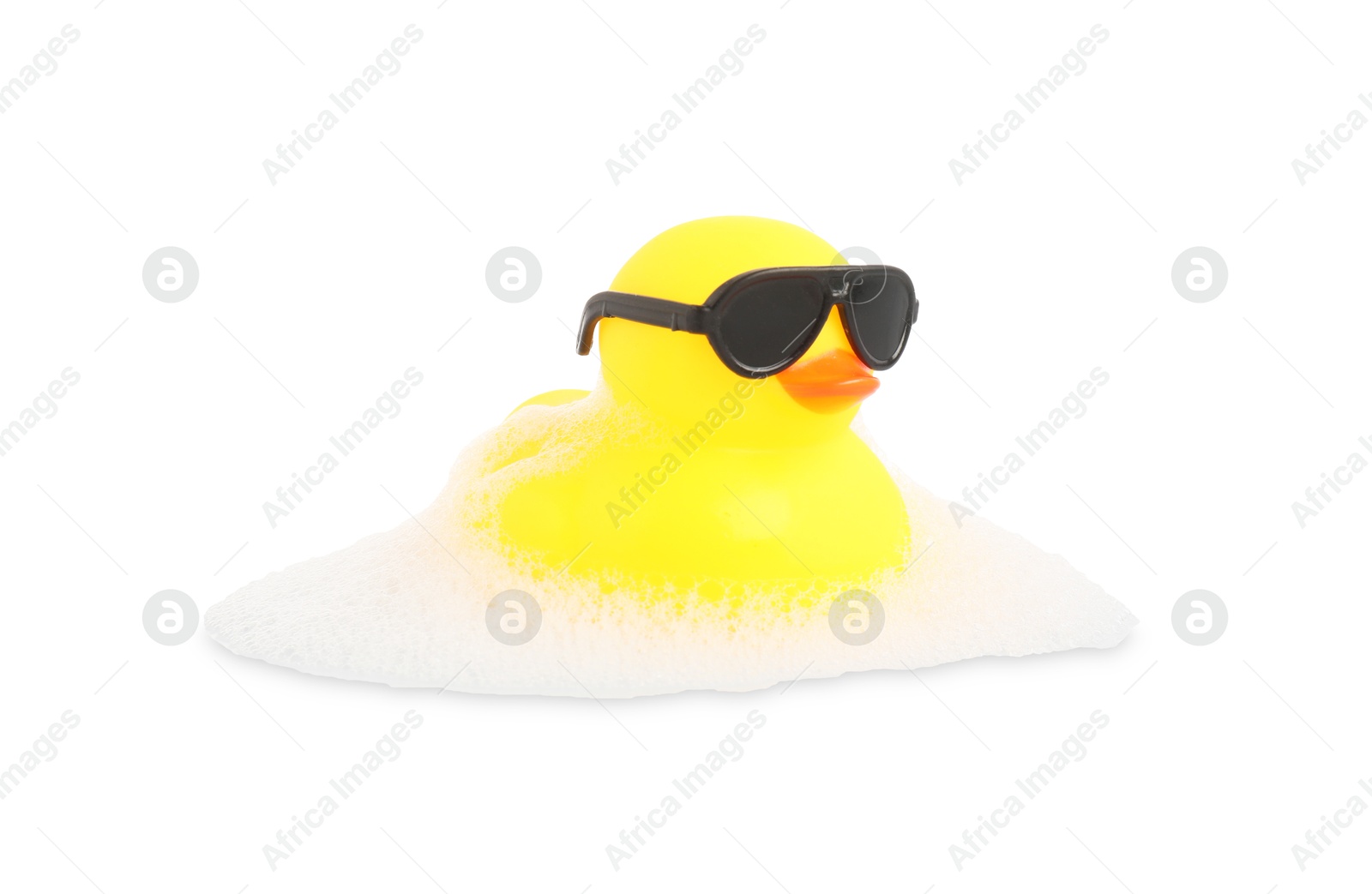 One cute rubber duck in sunglasses and foam isolated on white Photo of One cute rubber duck in sunglasses and foam isolated on white