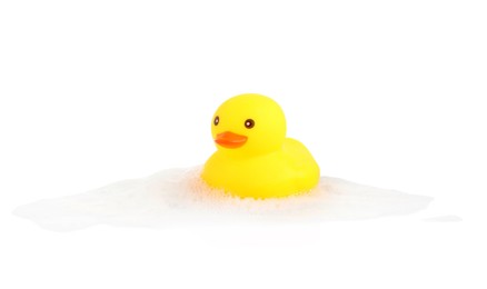 Photo of One cute rubber duck and foam isolated on white
